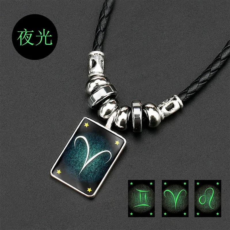 

2022 Fashion Charm Constellation Luminous Necklace Galaxy 12 Zodiac Sign Square Pendant Necklace for Women Men Jewelry Gifts