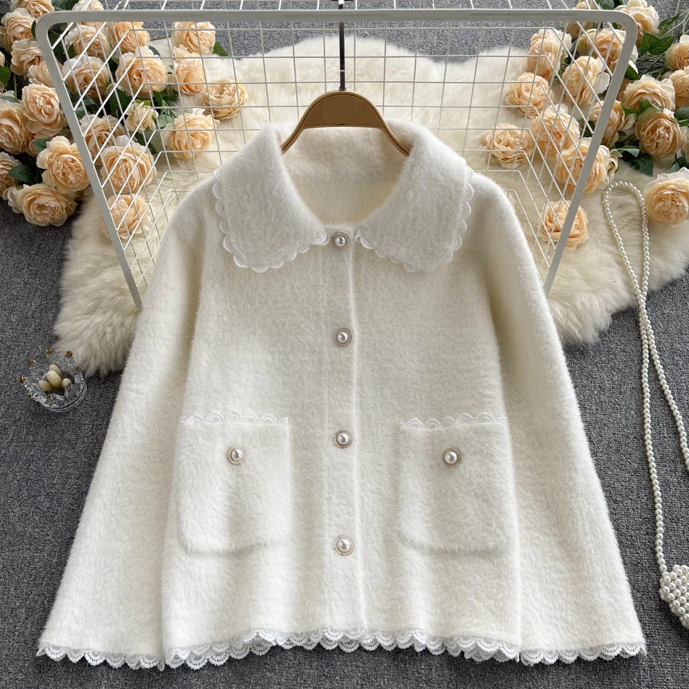 

Женский однобортный Кардиган Clothland, кружевная белая куртка с карманами и длинным рукавом, милые осенние пальто CA301