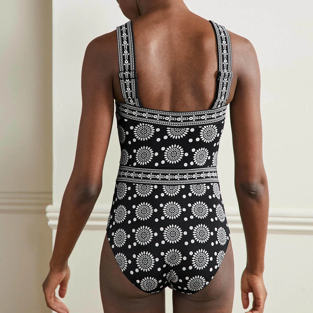 Ethnic Black Printed Cross Strap Bikini Sexy High Waist Slim Beachwear One Piece Fashion Retro Elegant Swimsuit 2022