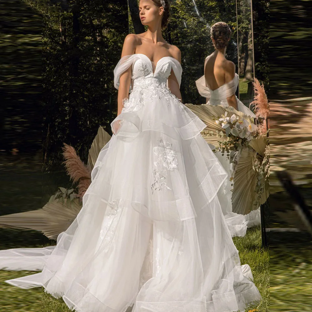 

Elegant Wedding Dresses For Women Luxury 3D Lace Appliques Tulle Bridal Ball Gowns Classic Off The Shoulder Sweetheart Customize