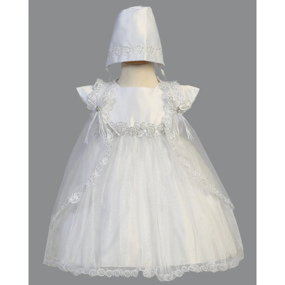 

Elegant White Tulle Christening Gowns for Baby Girls Floral Appliques Beads Baptism Dresses Cute First Holy Communion Dresses