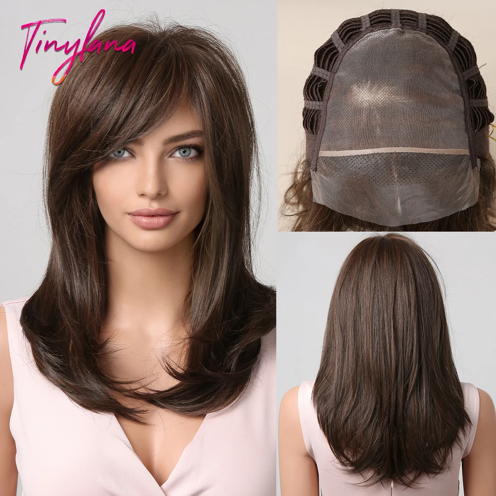 Long Straight Lace Front Synthetic Wigs with Bangs Dark Black Brown Mid-Length Lace Wigs for Black Women Natural Layered Hair