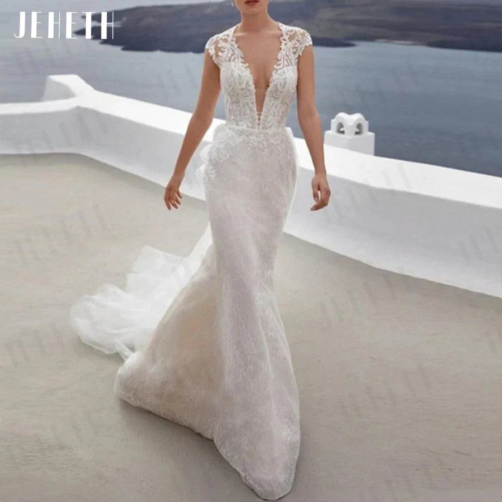 

JEHETH Wedding Dress Beach Boho Sexy V-Neck Open Back Bridal Gown Tulle Mermaid Vestidos De Boda Cap Sleeves Bride Lace Applique