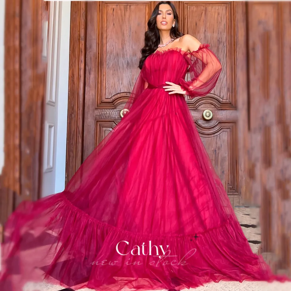 

Cathy Sexy Off The Shoulder Maxi Party Dresses Puffy Sleeves Layer Vestidos De Noche فساتين السهرة Comfy Tulle Evening Dresses