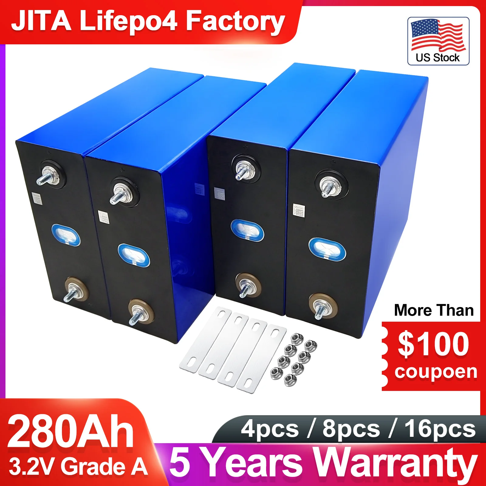 

JITA 3.2V 300Ah Lifepo4 Battery Cell Deep Cycle Lithium Iron Phosphate For DIY 12V 24V 48V Solar Energy UPS RV Electric Vehicle