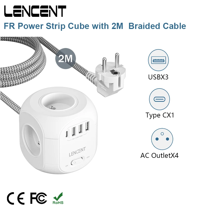 

Сетевой куб LENCENT FR с 4 розетками переменного тока, 3 USB-порта, 1 Тип C, 2 м, плетеный кабель, многофункциональный адаптер питания с переключателем...