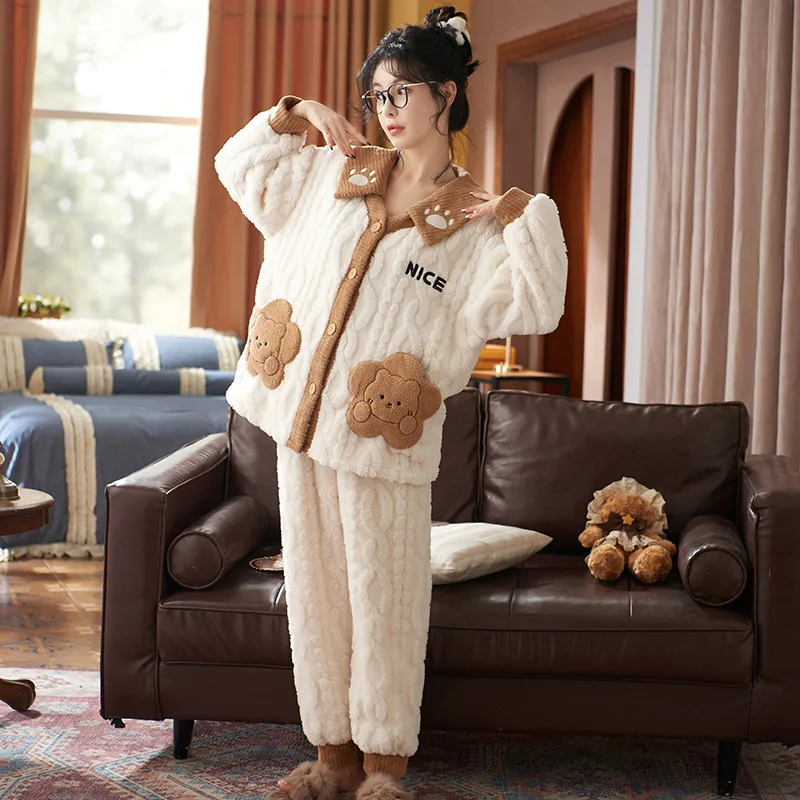 Lovely 2022 Winter Women Thicked Plush Home Suits Girl Cartoon Fashion Coral Fleece Warm Pyjamas Sets Female Fluffy Clothes