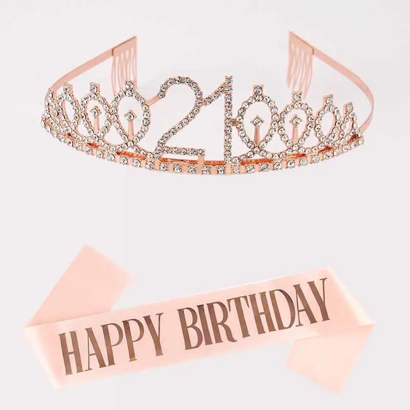 

Rose Gold Happy Birthday Sash and Rhinestone CrownTiara for Girl, Princess Headband Crown 3-21th Birthday Party Accessories