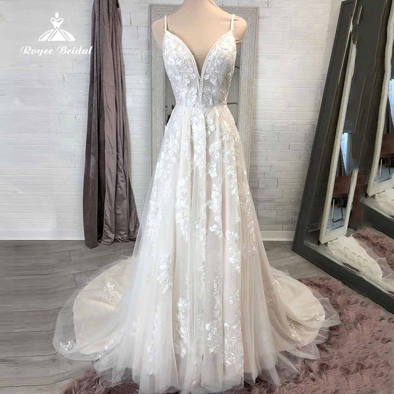 

Elegant V-neck Sleeveless Spaghetti Straps Lace Appliques A-Line Wedding Dress Tulle Bridal Gowns Sweep Backless Button vestidos