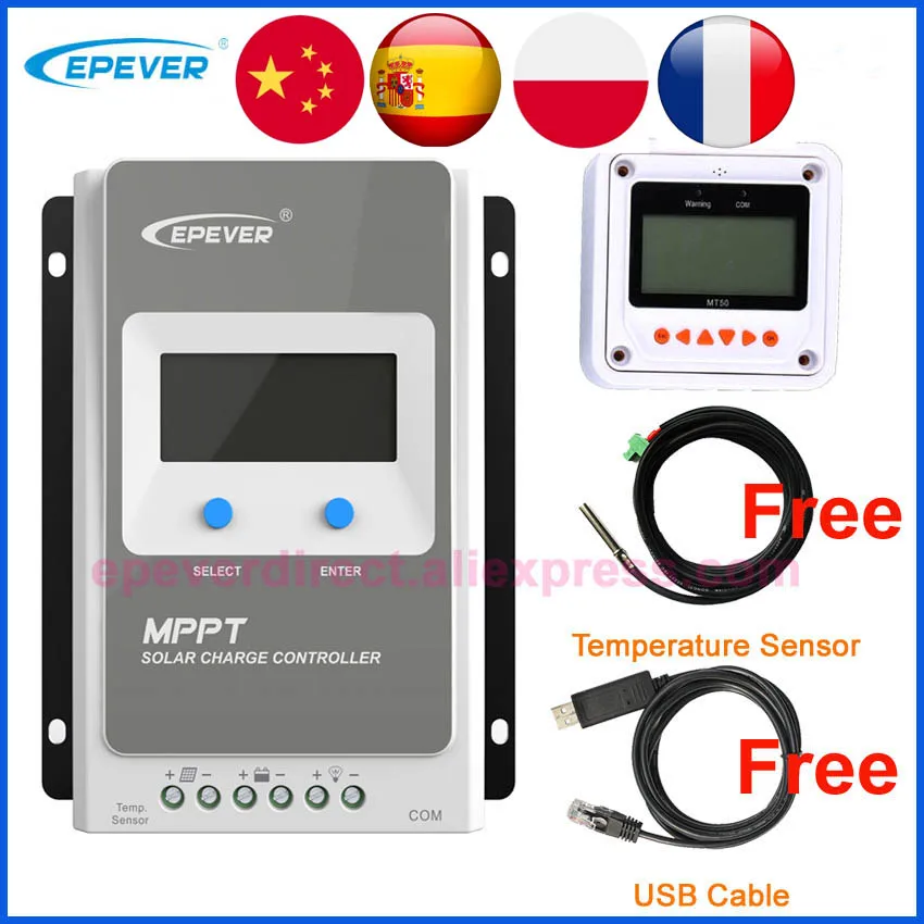 Контроллер солнечного зарядного устройства EPEVER, 20 А, 30 А, 40 А, MPPT Tracer2210AN, Trac3210AN, Tracer4210AN, регулятор с MT50 USB и датчиком температуры