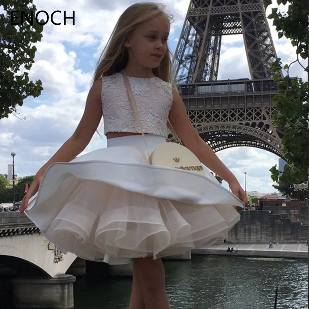 

ENOCH Two Pieces Cute Puffy Flower Girl Dresses New Sleeveless Satin Tiered Tulle Lace Appliques Kids Party Gowns فساتين الحفلات