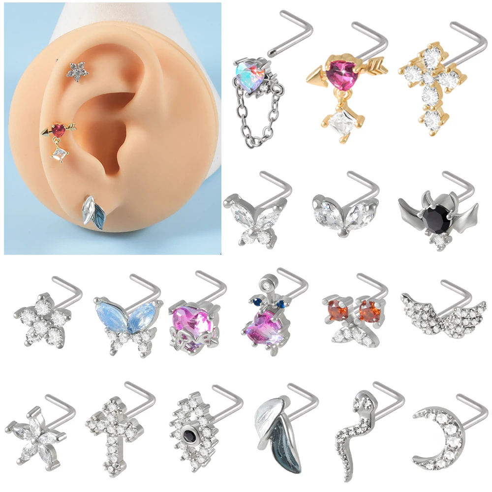 

1PC Stainless Steel Cz Moon Nose Studs Crystal Bling Heart Dangle L Shape Nose Bone Ring Studs Ear Tragus Piercing Jewelry 20G