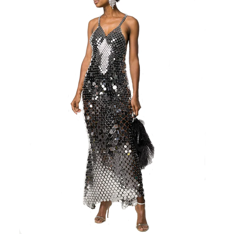 

Women Metallic Gold Long Party Dress Backless Halterneck Chainmail Elegant Silver Chain Mail Maxi Dress
