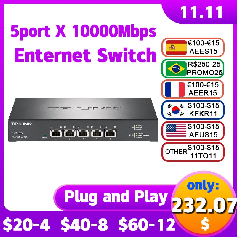 

Tp-link 10gbe Network Switch NAS Tl-ST1005 Lan 5*10000mbp RJ45 Ethernet Bandwidth Networking Hub Internet Splitter Plug and Play
