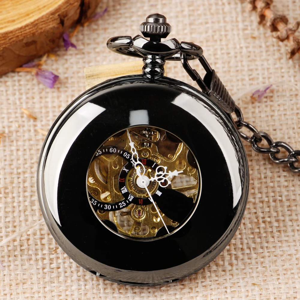 All Black Flip Hollow Out Mechanical Pocket Watch High Quality Vintage Necklace Pendant Pocket Watch For Men Women