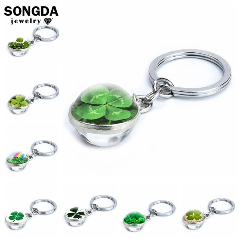

Clover Keychain Four Leaf Clover Creative Green Color Double Side Glass Ball Key Chain Pendant Keyring Lucky Jewelry Accessories