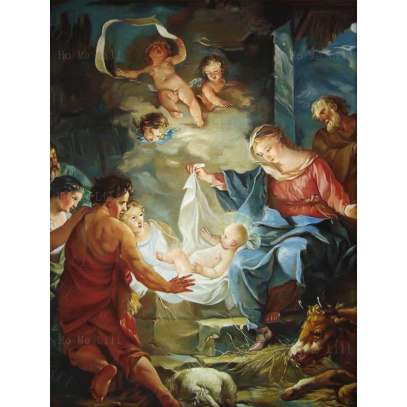 

Nativity Scene Angels Christian Christmas Jesus Baby In Manger Icon Religious Canvas Wall Art By Ho Me Lili For Livingroom Decor