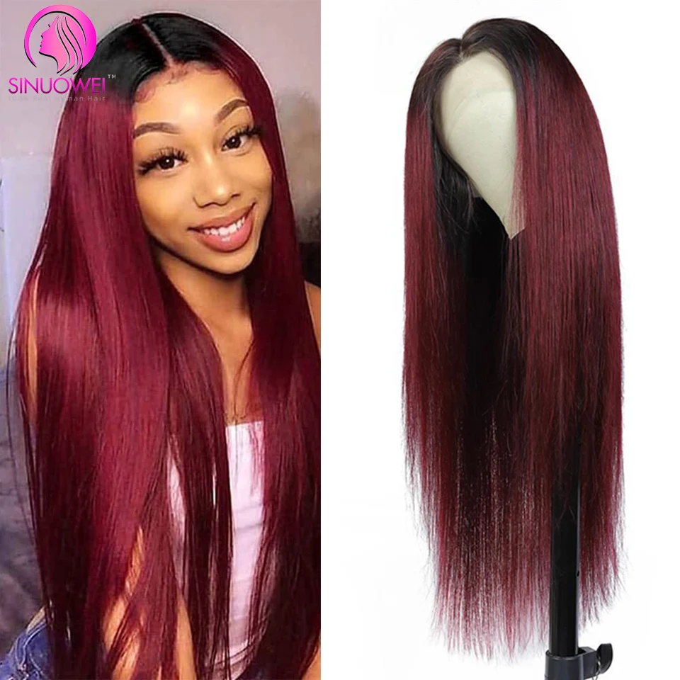 1B/99J Straight Wigs Human Hair 4x4 Closure Wig Brazilian Burgundy T Part Lace Front 28Inch Wigs For Black Women Pre Plucked