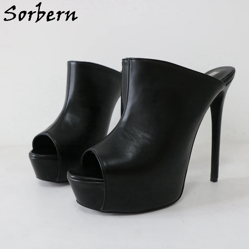 Sorbern Black Matt Women Slipper Open Toe Stilettos High Heel Platform Shoes Slip On Outdoor Unisex Summer Shoe 16Cm Heeled