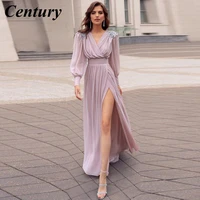 century princess evening dresses chiffon beading prom party gown plus size long sleeve v neck formal evening gown with split