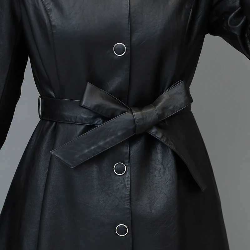 2022 Women Apparels  Fashion Plus Size Biker Long  Faux Leather Jackets Sexy Style Black Wrap Coat Trench Coat with Waistband
