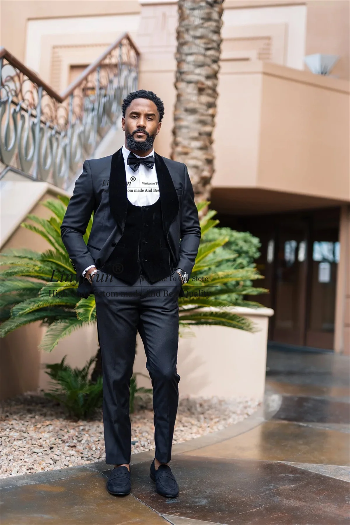 

Tailor-Made Wedding Suit For Men Black Velvet Shawl Lapel Groom Tuxedo 3 Pieces Male Prom Blazer Sets Groomsmen Traje Hombre