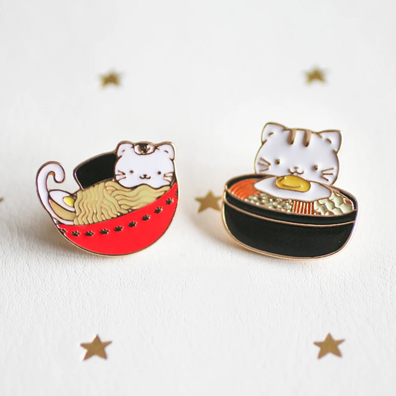 

Japanese Cute Food Ramen Cat Enamel Pins Cartoon Cat Metal Brooch Gift