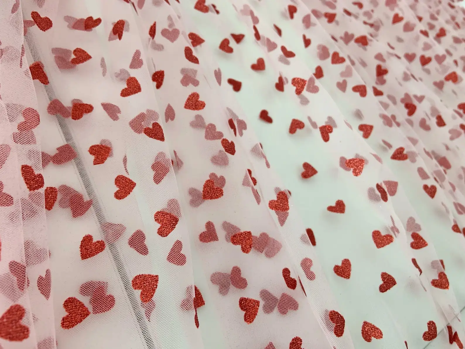 

5 Yards Red Glitter Heart Tulle Lace Fabric Soft Flower Girl Dress Bridal Veil Cape DIY Supply