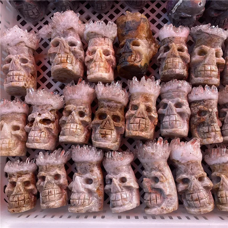 

Natural Cranium Crystal Cluster Quartz Wicca Stones Reiki Healing Specimen Skull Halloween Ornament Home Decor For Room
