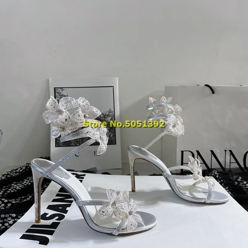 Сандалии с цветочным рисунком босоножки на тонком высоком каблуке ремешком