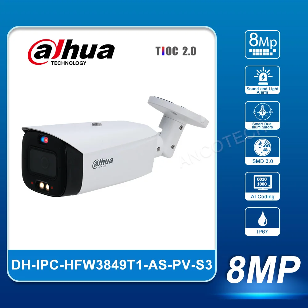 

Dahua IPC-HFW3849T1-AS-PV-S3 8MP Смарт двойное освещение активное сдерживание фиксированное фокусное расстояние WizSense сетевая камера