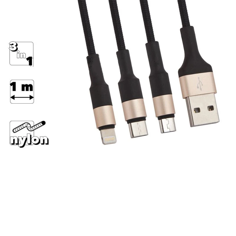 USB кабель HOCO X26 Xpress Lightning 8-pin/MicroUSB/Type-C 3в1 1м нейлон (черный/золотой) | Мобильные