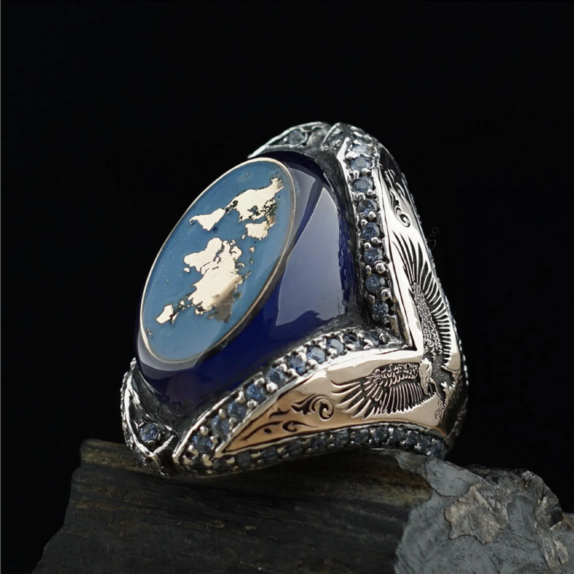 Ottoman World Map Blue Amber Silver Men's Ring For Men's Map Silver Ring Aqua Onix Stones Studded Turkish Handmade Summer Gift