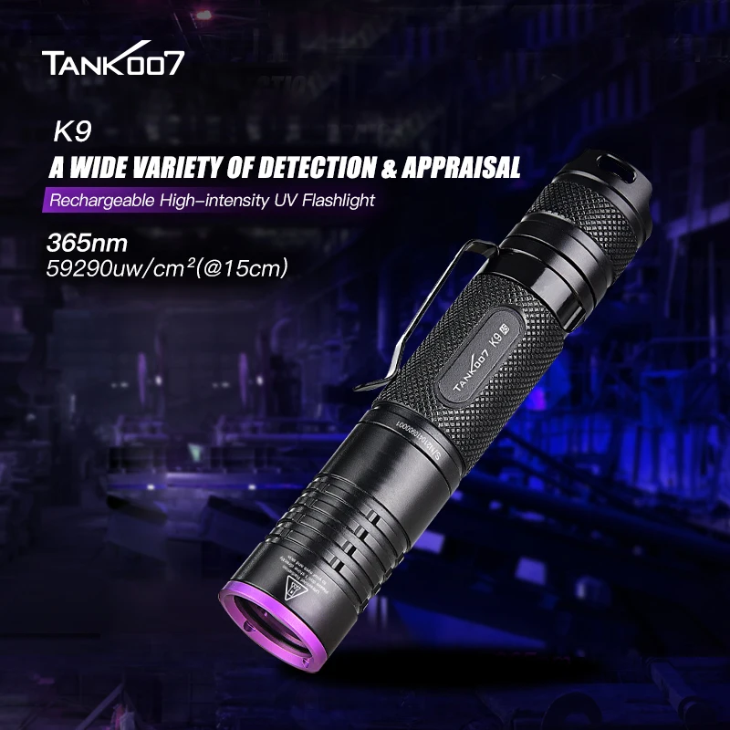 TANK007 365nm High Power Korea LED Flashlights Portable UV Light Ultraviolet Blacklight Rechargeable 18650 Battery EDC Torch