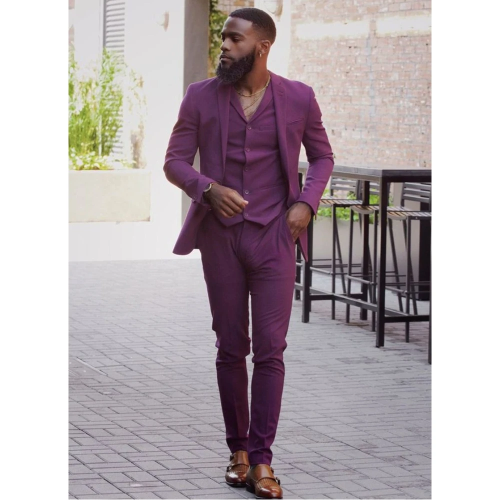 

Dark Purple 3 Pieces Mens Suits for Wedding Groom Tuxedo Casual Jacket Vest Pants Formal Business Office Prom Party Wear