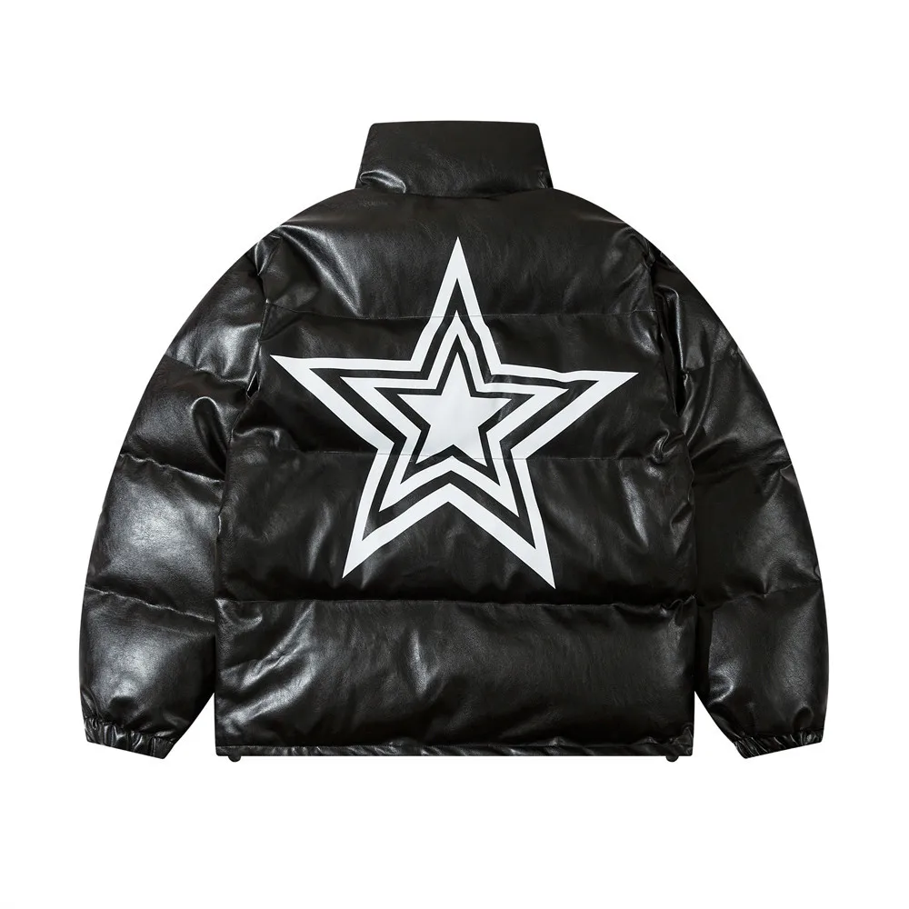 American Pu Leather Cotton Clothes Motorcycle Wind Letter Pentagram Print Stand Collar Parka Men's Winter Warm Padded Clothing
