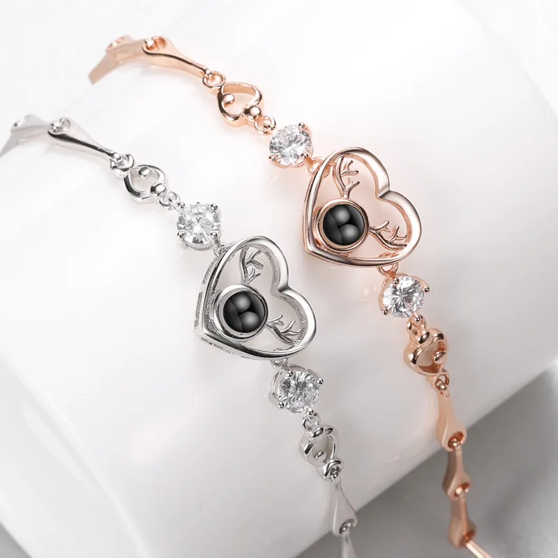 Heart Antlers Customized with Photos Projection Bracelet S925 Silver Bamboo Chain Jewelry For Women Keep Memory Gift