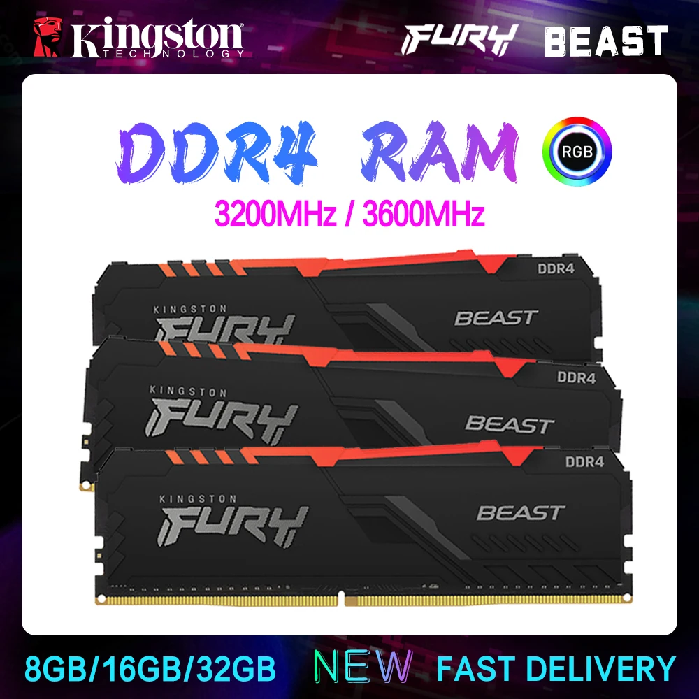 Оперативная память Kingston DDR4 8 ГБ 16 ГБ 32 ГБ 3200 МГц 3600 МГц 288pin Intel XMP AMD Материнская плата Fury Beast Rams 1,35 в Радиатор 1,2 В DIMM RGB GAMING Прохладное освещение Разгон 2666 МТ/с