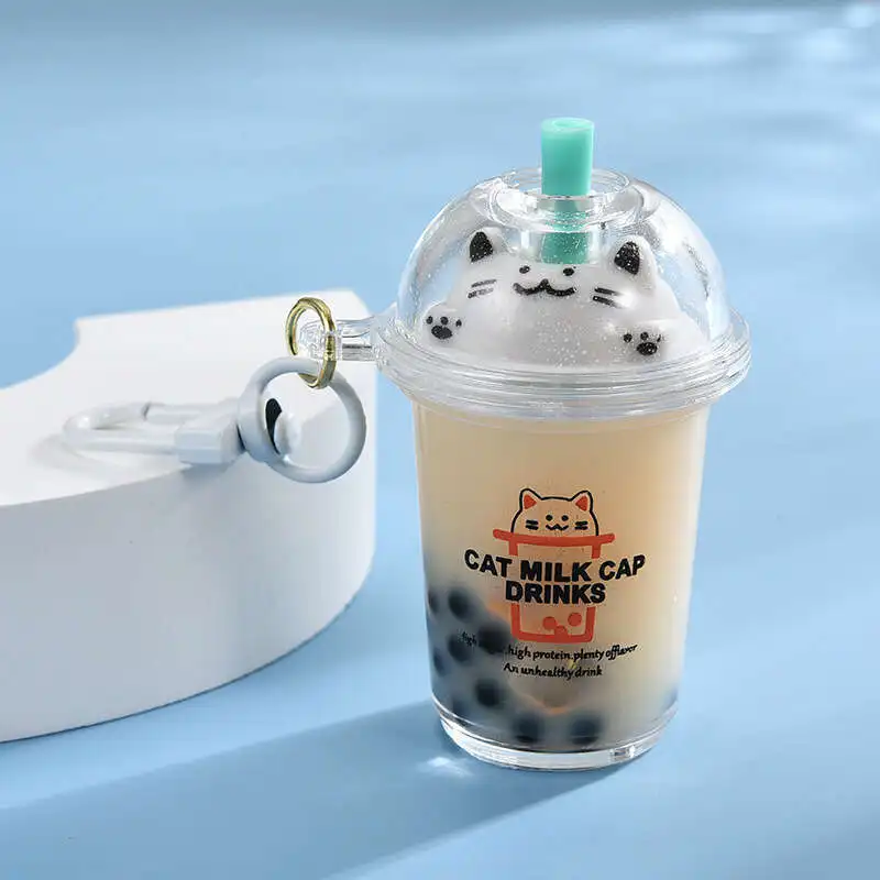 Creative Cute Cup Cat Pearl MilkM чай Keychain сетки красный поток бутылка с песком цепочка