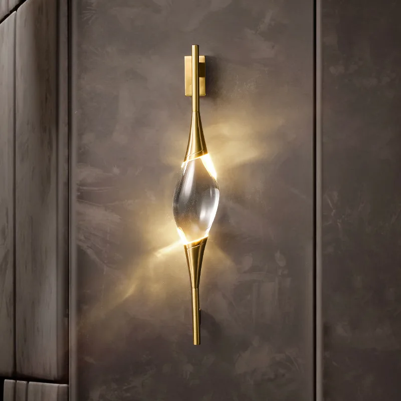

Modern Waterdrop Shape 7W LED High transparent Crystal Wall Lamp with Golden Handle Copper Wall Sconce for Aisle Corridor