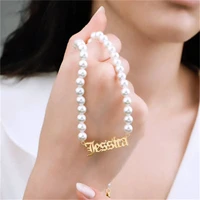 custom name letters pearl necklace double layer old english font stainless steel personalized elegant jewelry gifts for women