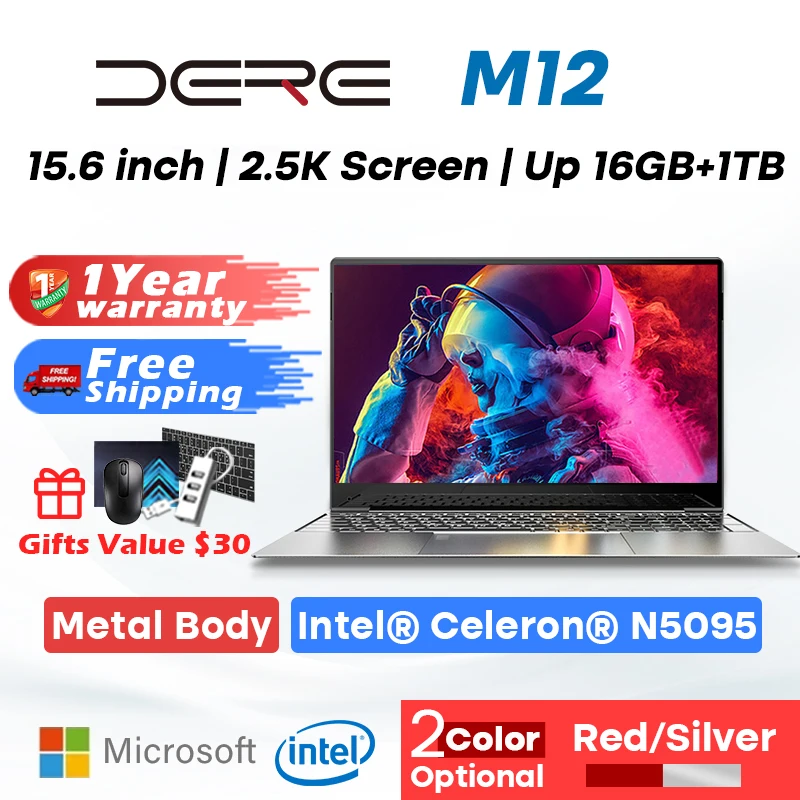 

Ноутбук Dere M12, 15,6 дюйма, 16 ГБ ОЗУ 512 ГБ SSD IPS 2,5 K Full HD, Intel Celeron N5095 с клавиатурой с подсветкой, Windows 11