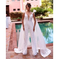 luxury white prom jumpsuit elegant appliques beads sleeveless evening gowns with capes deep v neck backless birthday party wear