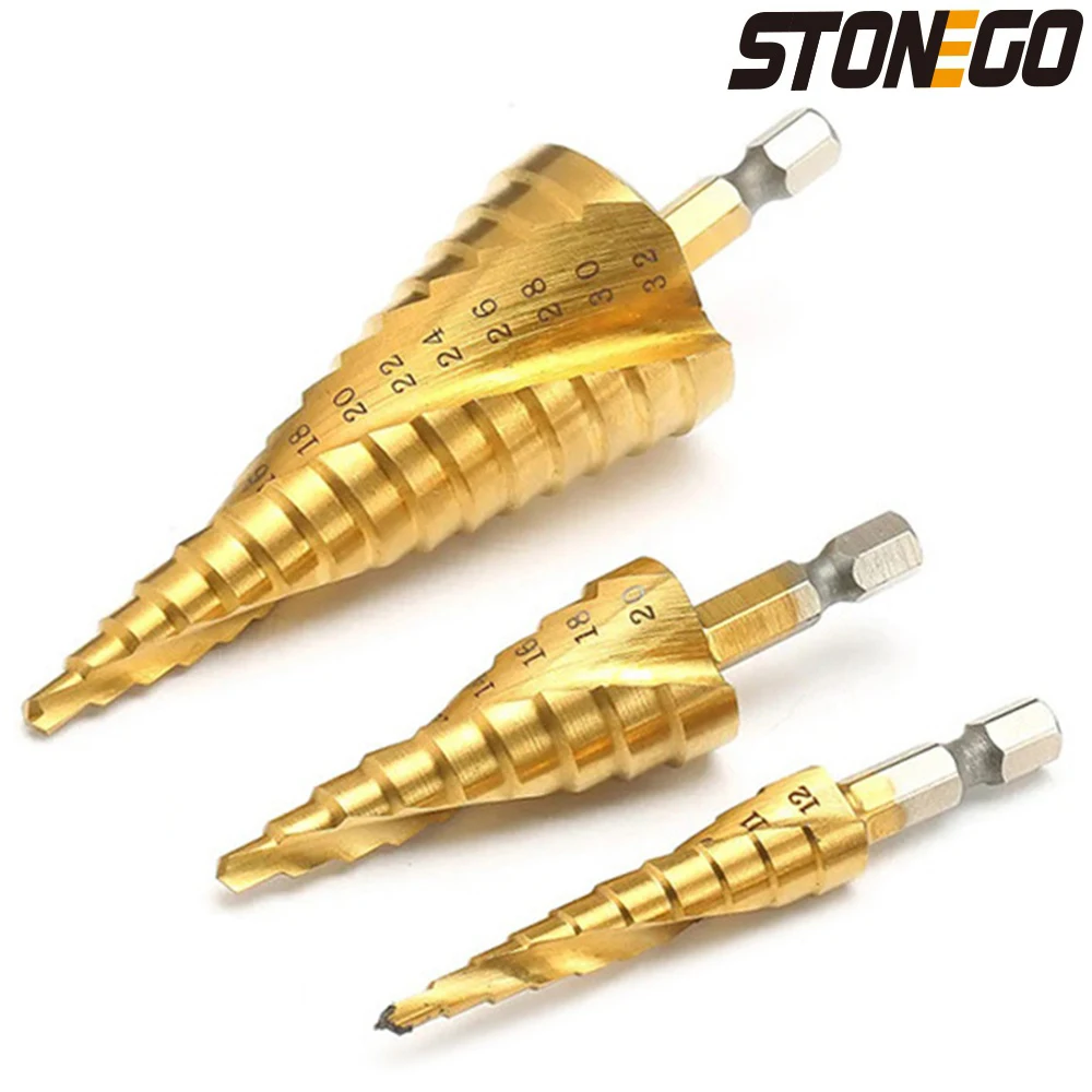 

STONEGO 4-12/20/32mm HSS Spiral Grooved Center Drill Bit Solid Carbide Titanium Step Cone Drill Bit Drill Accessories