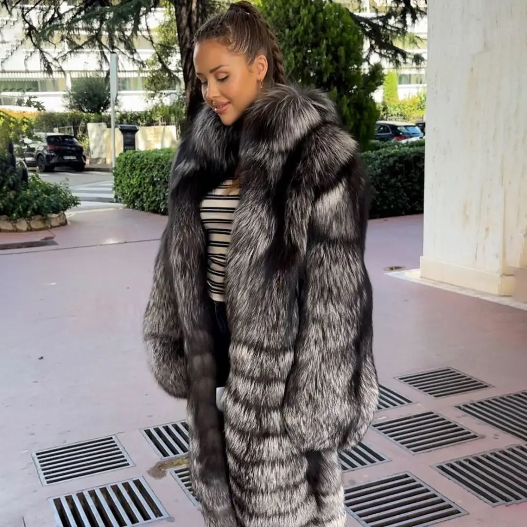 Длинное пальто из натурального серебряного лисьего меха 100 см с