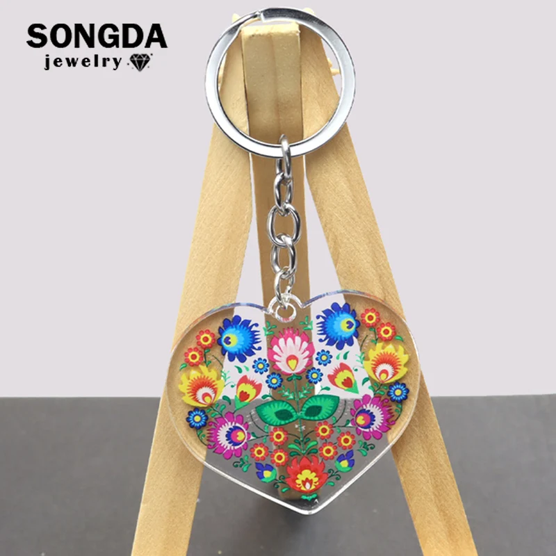 

Polish Folk Art Pattern Keychain Colorful Bouquets Folkloric Style Acrylic Double-sided Key Ring Key Holder Fashion Bag Pendant
