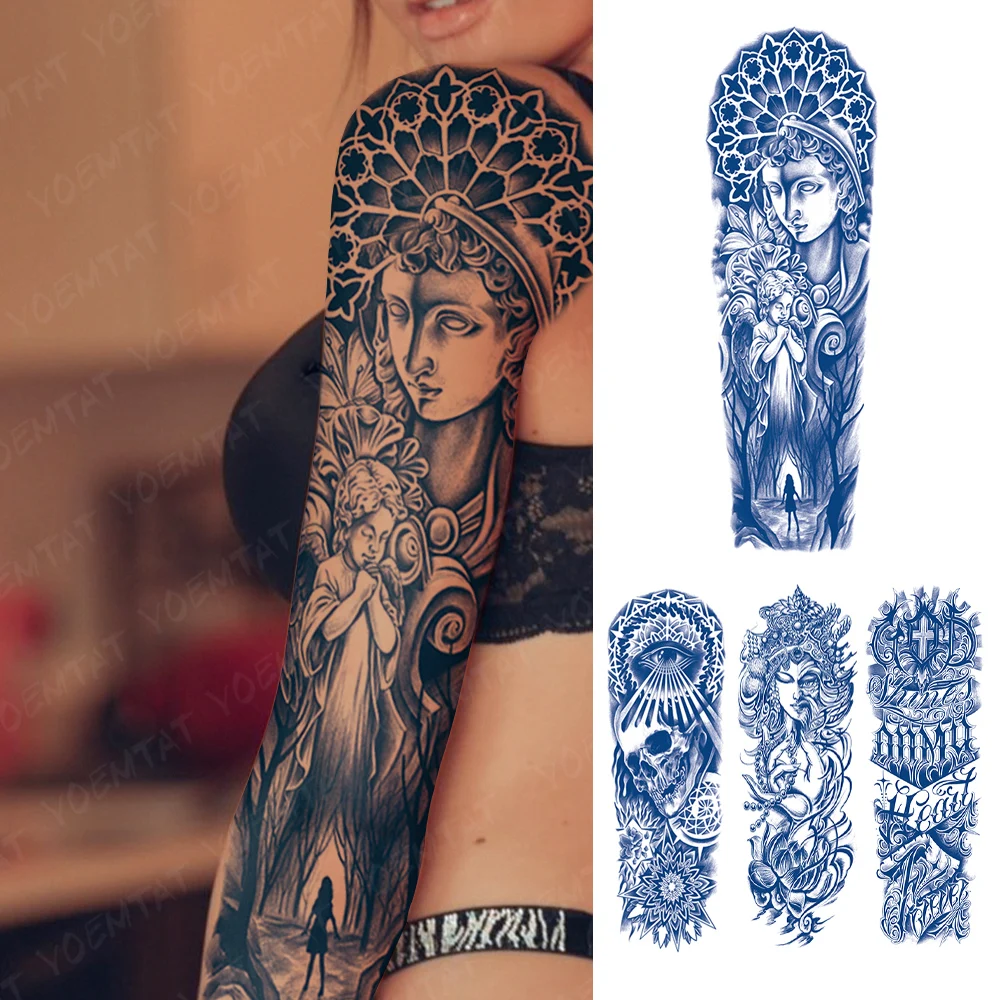 

Полуперманентные травяные чернила, тату на всю руку, ангел, монахин, цветы, водостойкие Временные татуировки, наклейки, стойкие искусственные татуировки для женщин и мужчин