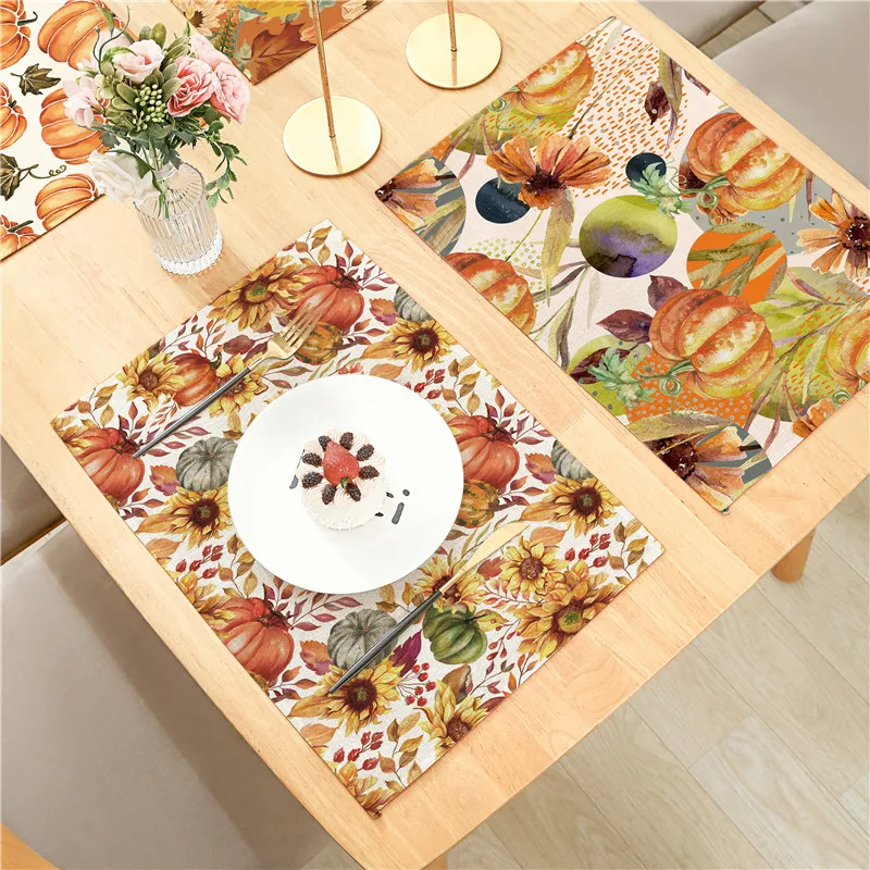 

Happy Fall Sunflowers Pumpkins Dwarfs Maple Leaves Placemats For Dining Table Kitchen Linen 32x42cm