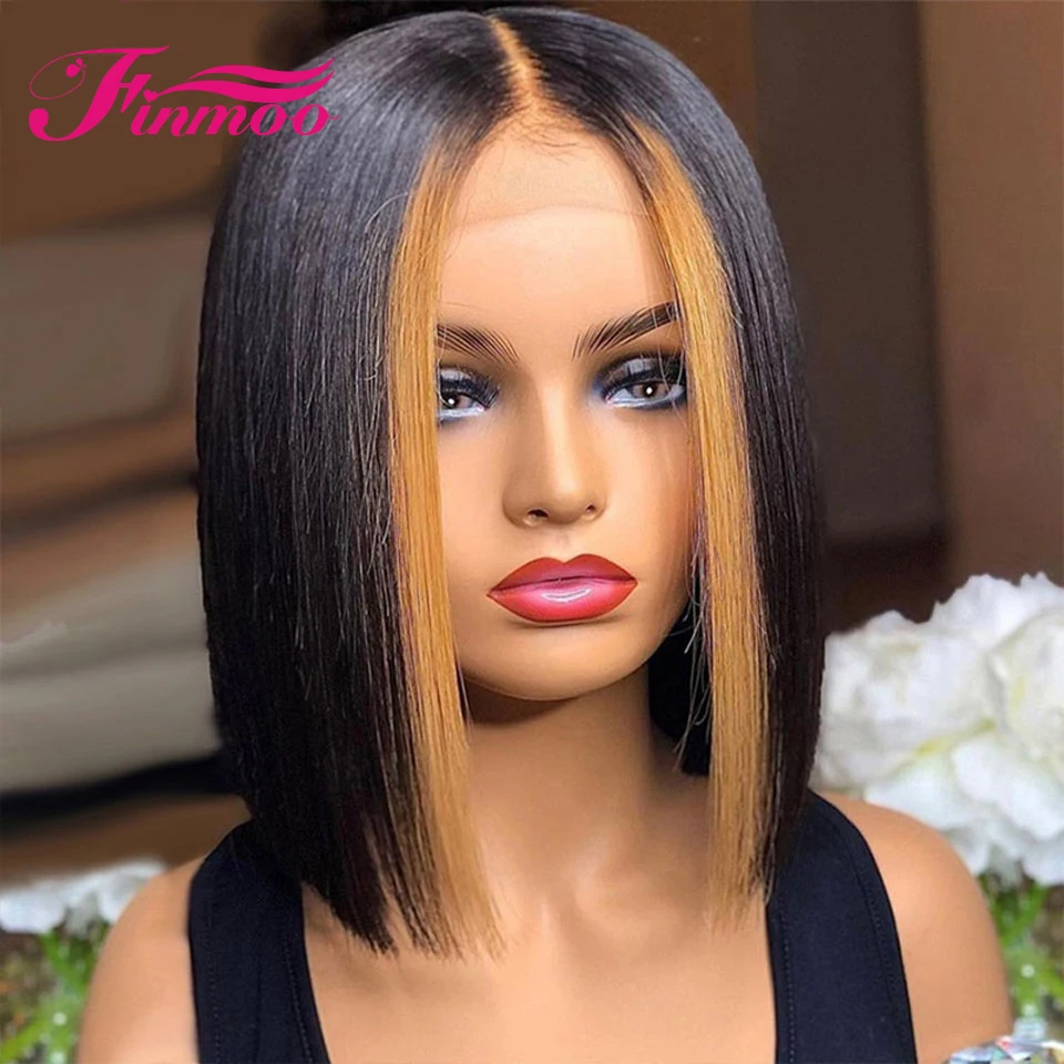 Highlight Bob Wig Ombre T Part Bob Lace Human Hair Wigs For Women 8-16Inch Brazilian Bone Straight 4x4 Lace Closure Human Hair