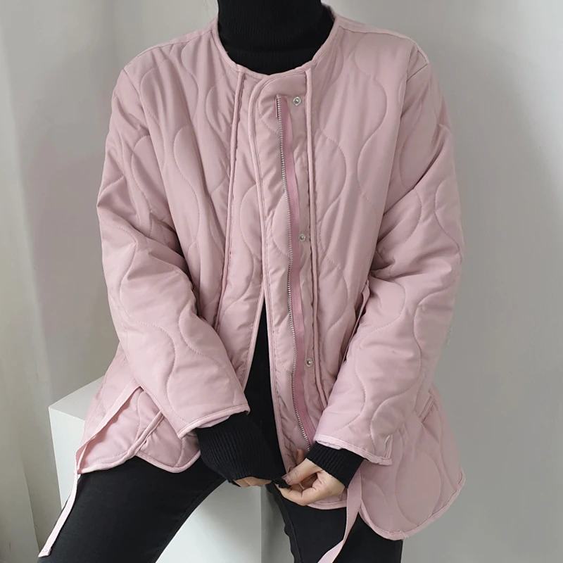 Clothland Women Fashion Solid Padded Jacket Zipper Long Sleeve Drawstring Adjust Waist Thick Casual Coats CA374
